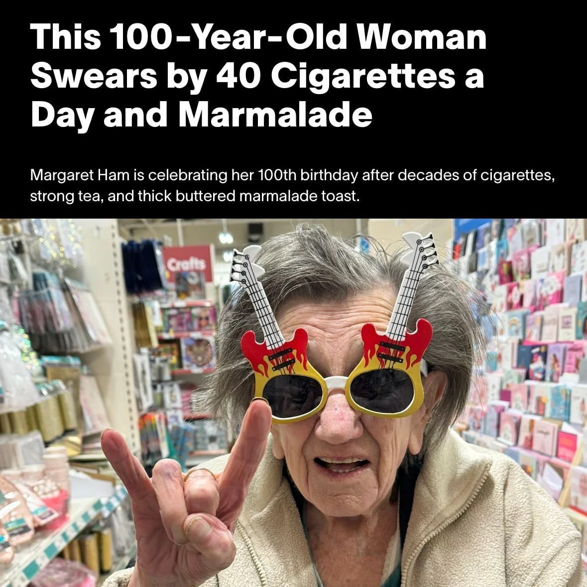 40 сигарет в день и мармелад с крепким чаем: 100-летняя британка Маргарет Хэм поделилась собственным секретом долголетия